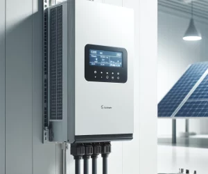 DALL·E 2024-08-16 17.42.15 - A high-quality image of a modern solar inverter used in photovoltaic systems. The inverter is sleek and compact, mounted on a wall in a clean, bright