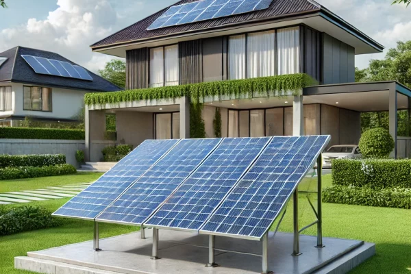 DALL·E 2024-08-21 15.09.57 - A realistic outdoor scene showing a ground-mounted solar panel installation in the garden of a modern house. The solar panels are mounted on a sturdy