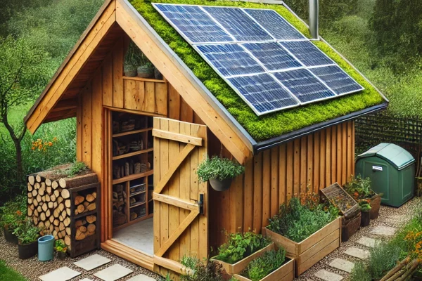 DALL·E 2024-08-21 15.10.11 - A wooden garden shed with a sloped green roof integrated with solar panels. The shed is surrounded by a lush garden with various plants and flowers. T