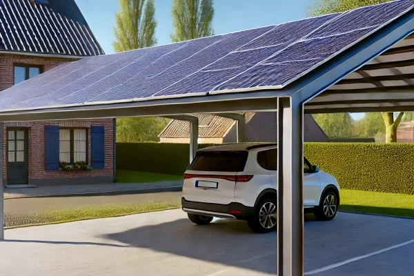 DALL·E 2024-08-23 16.12.39 - A highly realistic image of a solar carport in Belgium. The carport has a modern design, made of high-quality materials like metal or wood, with solar