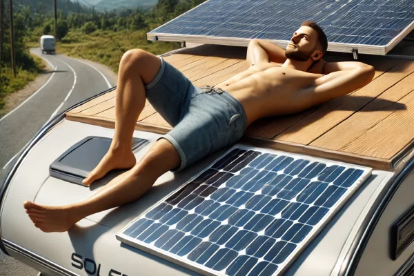 DALL·E 2024-08-24 14.32.04 - A realistic image of a man lying on the roof of a camping car next to a solar panel. The man is casually dressed in summer attire, relaxing with his h